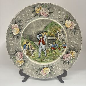Vtg Adams Husking 10.5” Transferware Dinner Plate England Floral Farm Scene